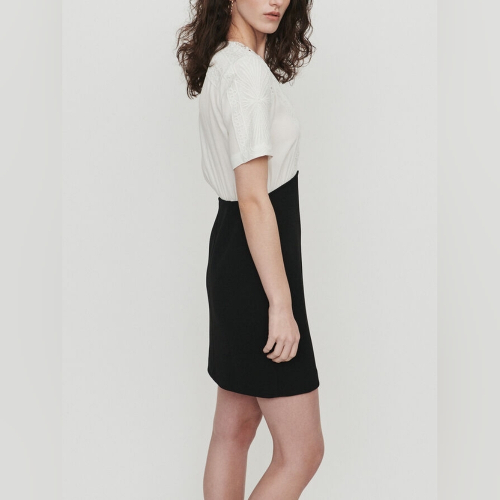 Maje Ravelle Lace-Inset Ceep V Neck Colorblock Mini Dress Ptp 17" Sz 3 UK / L US - Picture 8 of 16